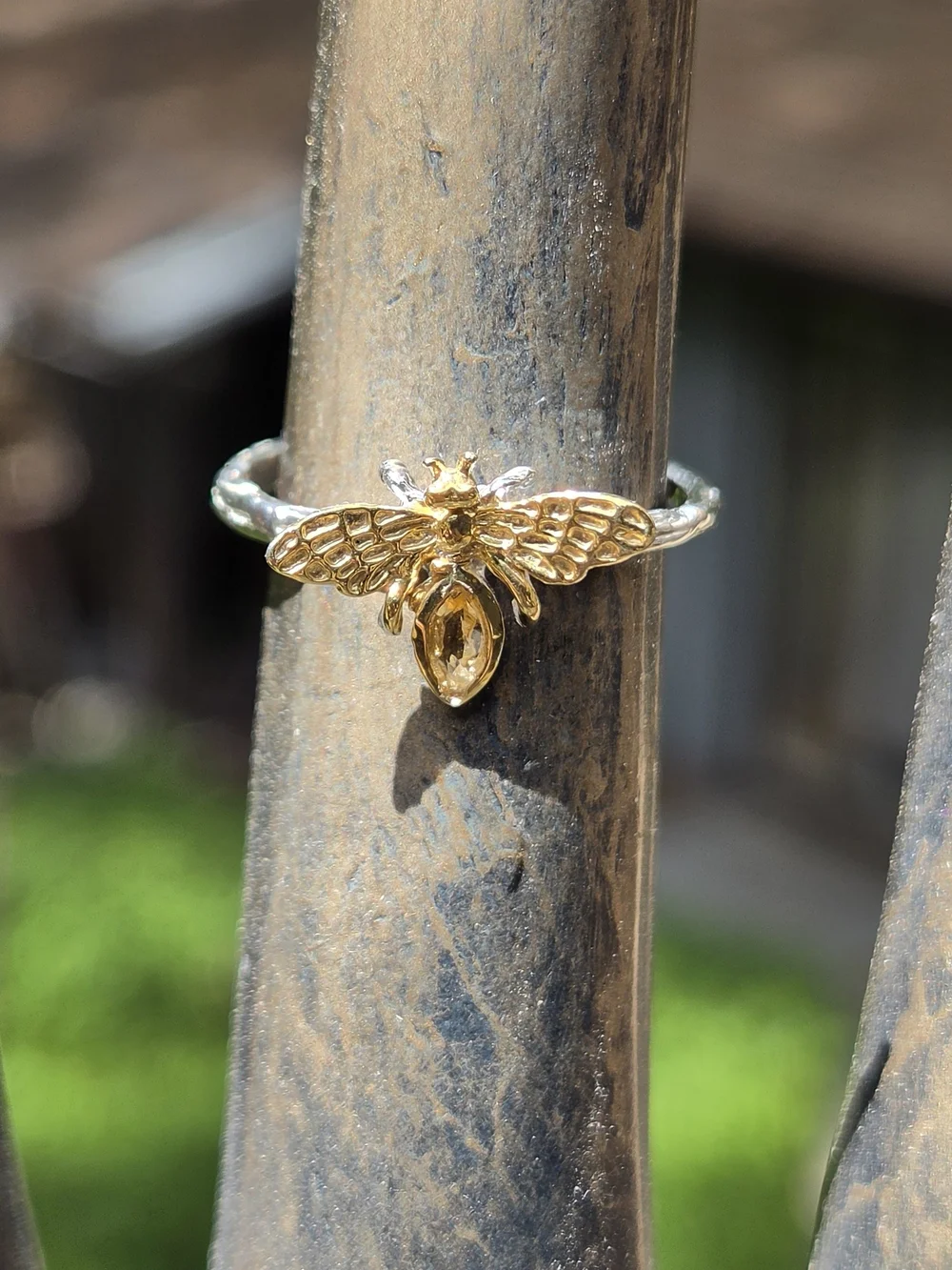 Citrine Natural Marquis Cut Sterling & Gold Bee Ring Sz6 - Picture 1 of 9